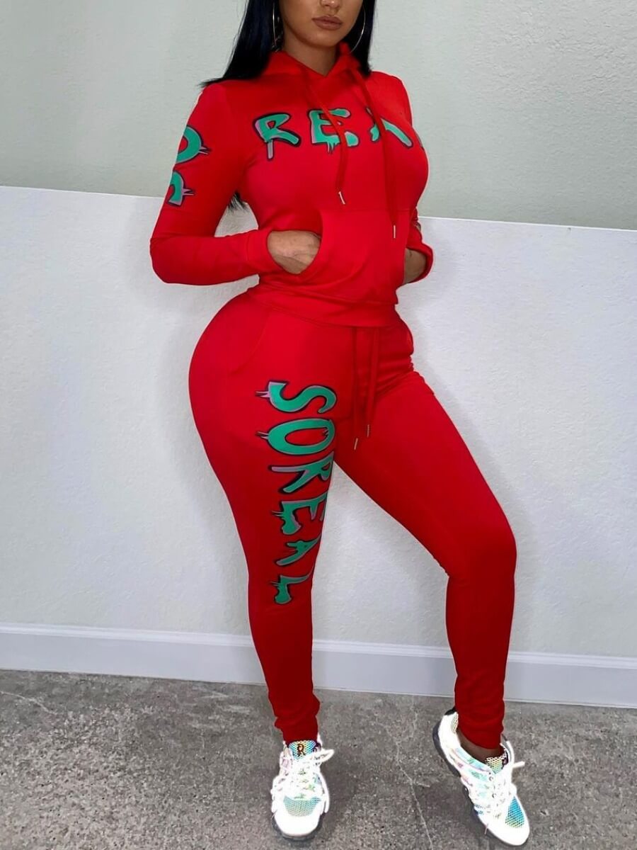 

Lovely Casual Hooded Collar Letter Print Red Two Piece Pants Set