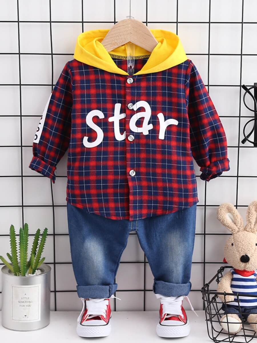 

Lovely Stylish Plaid Letter Print Red Boy Two Piece Pants Set