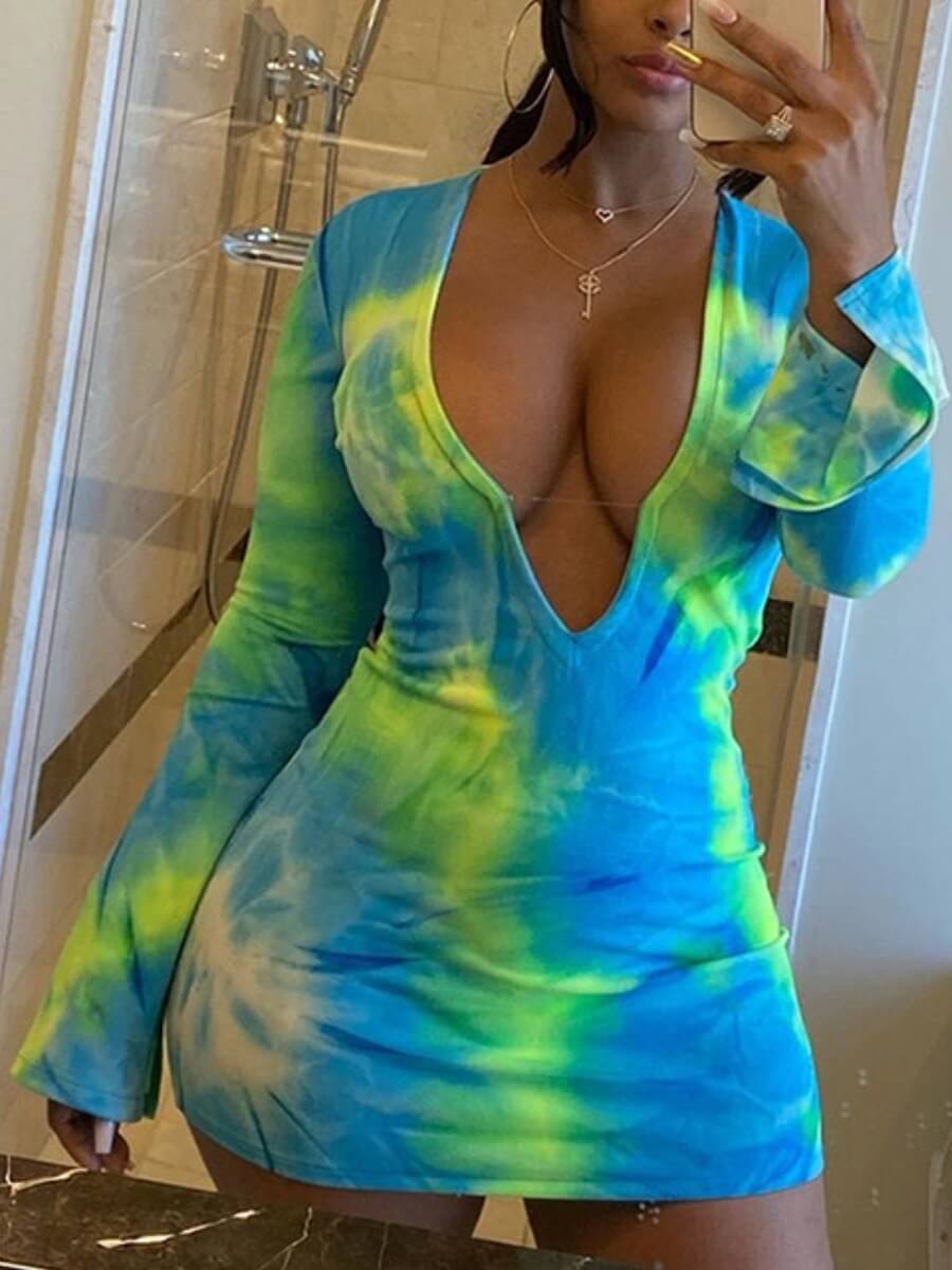 

Lovely Chic Deep V Neck Tie-dye Blue Mini Dress