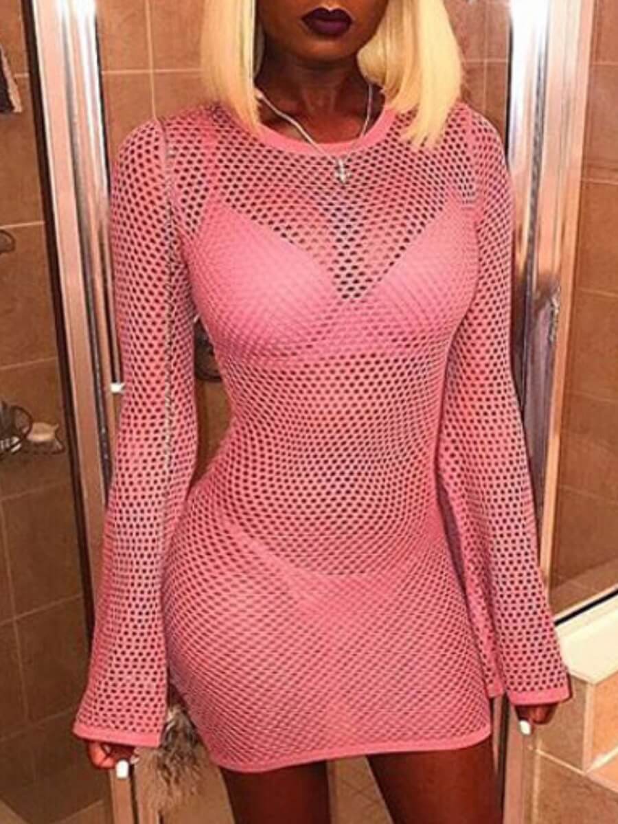 

Lovely Sweet O Neck Hollow-out Pink Mini Dress