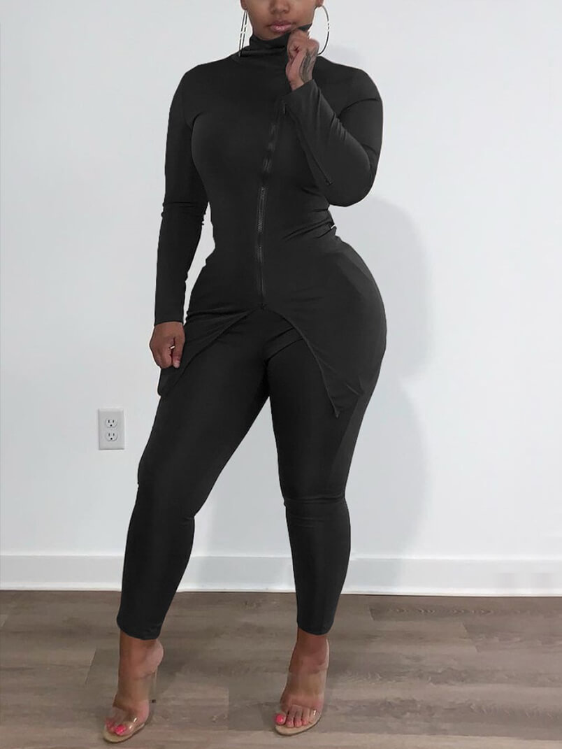 

Lovely Sportswear Turtleneck Slit Black Two Piece Pants Set