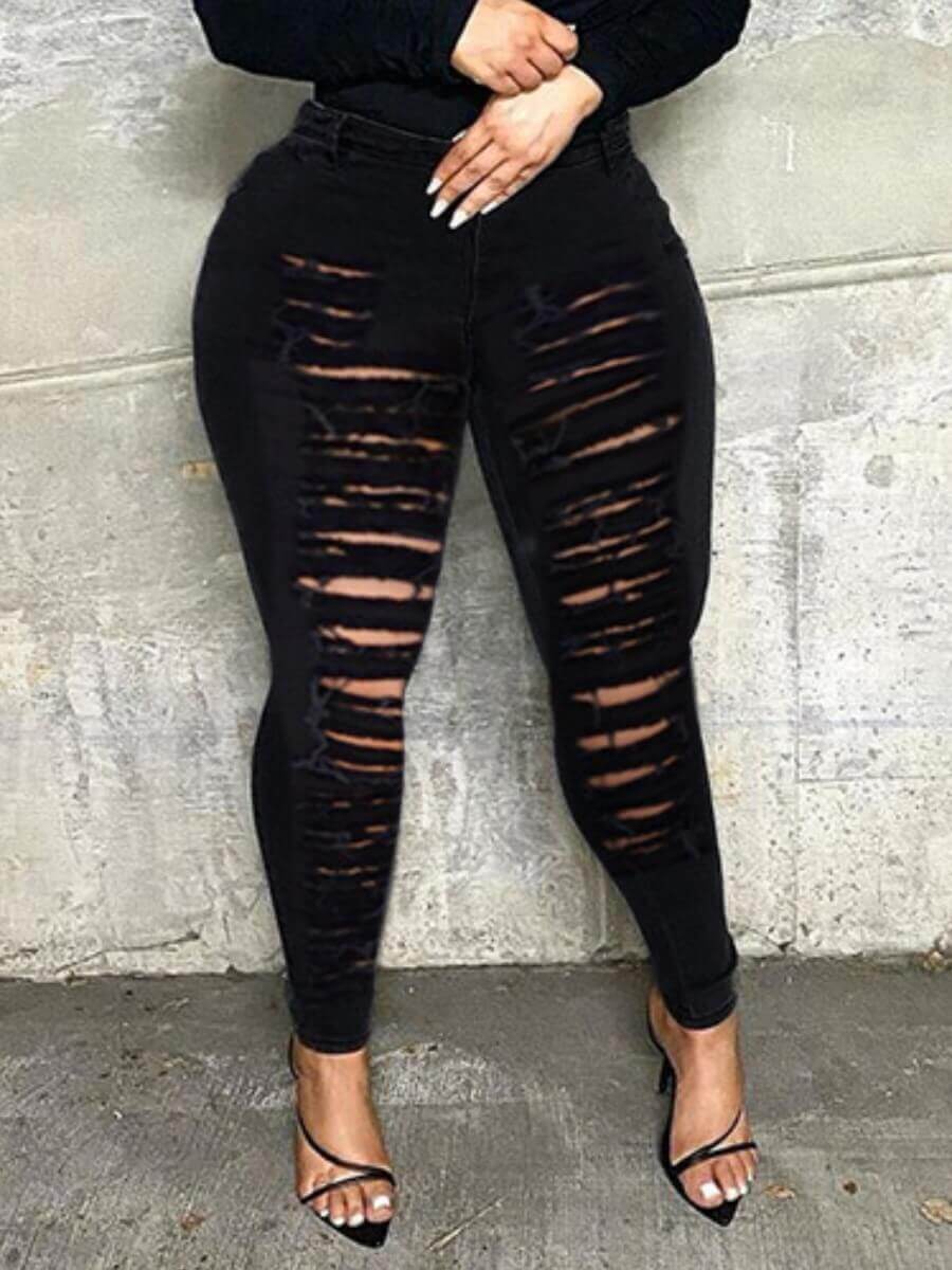 

LW Mid Waist High Stretchy Ripped Solid Skinny Jeans, Black