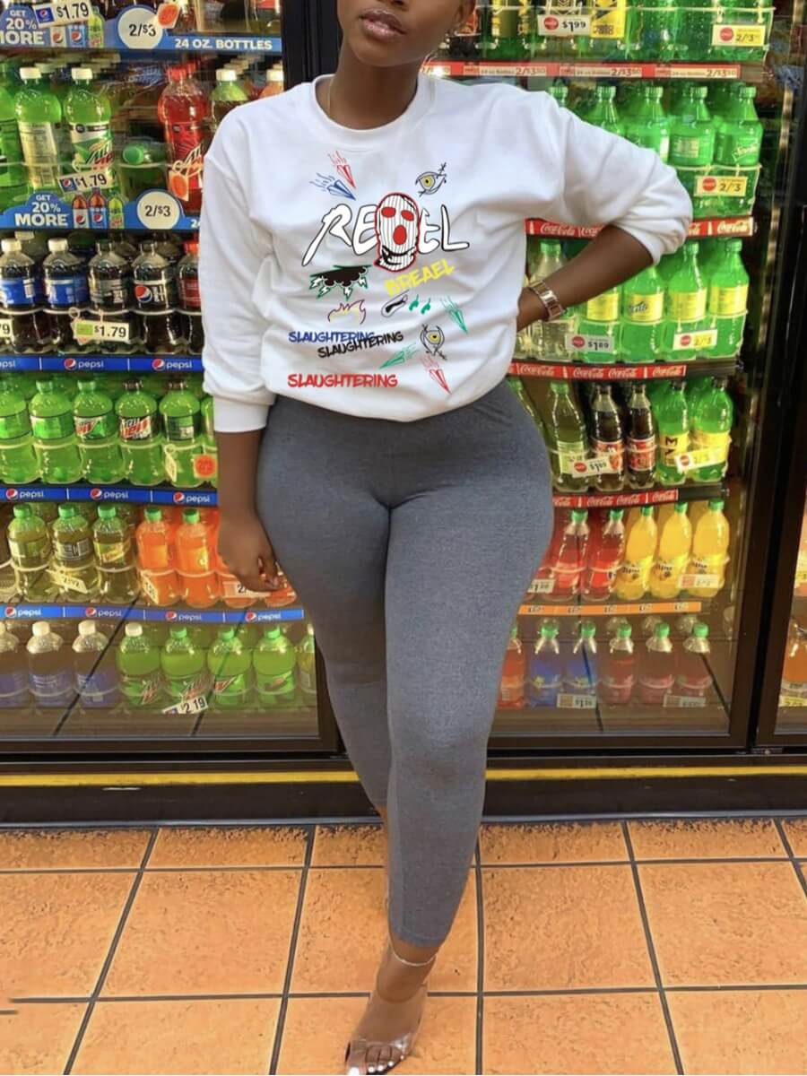 

Lovely Casual O Neck Cartoon Letter Print White Two Piece Pants Set