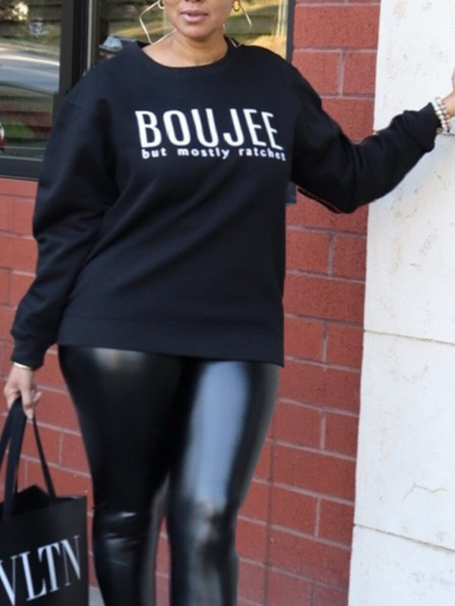 

Lovely Street O Neck Letter Print Black Plus Size Hoodie