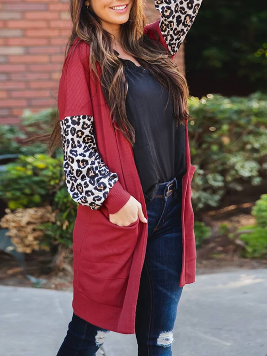 

Lovely Casual Leopard Print Pocket Design Red Coat