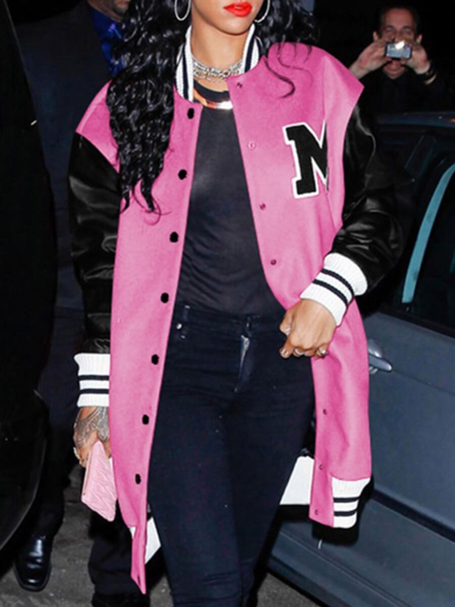 

Lovely Street Letter Print Button Design Pink Jacket