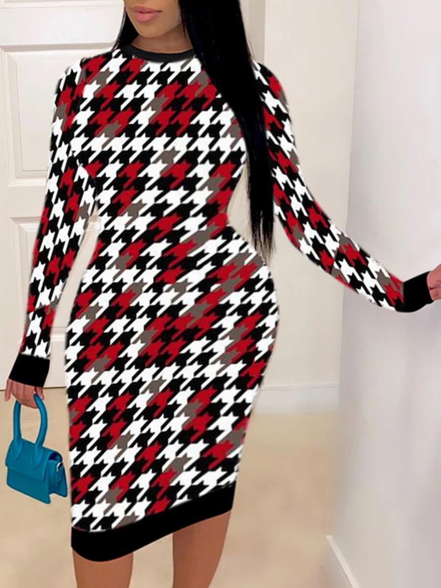 

Lovely Casual Plaid Print Patchwork Red Plus Size Knee Length Dress