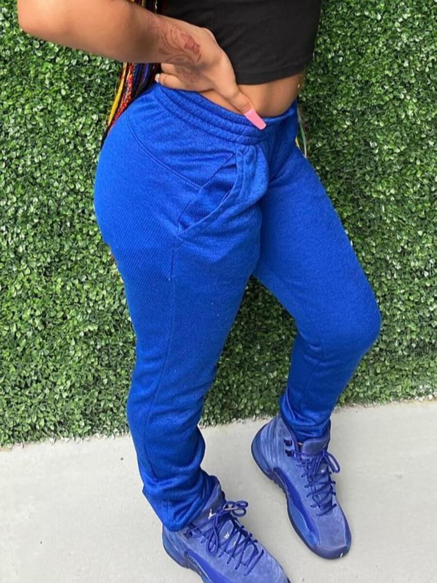 

Lovely Casual Mid Waist Pocket Design Blue Pants