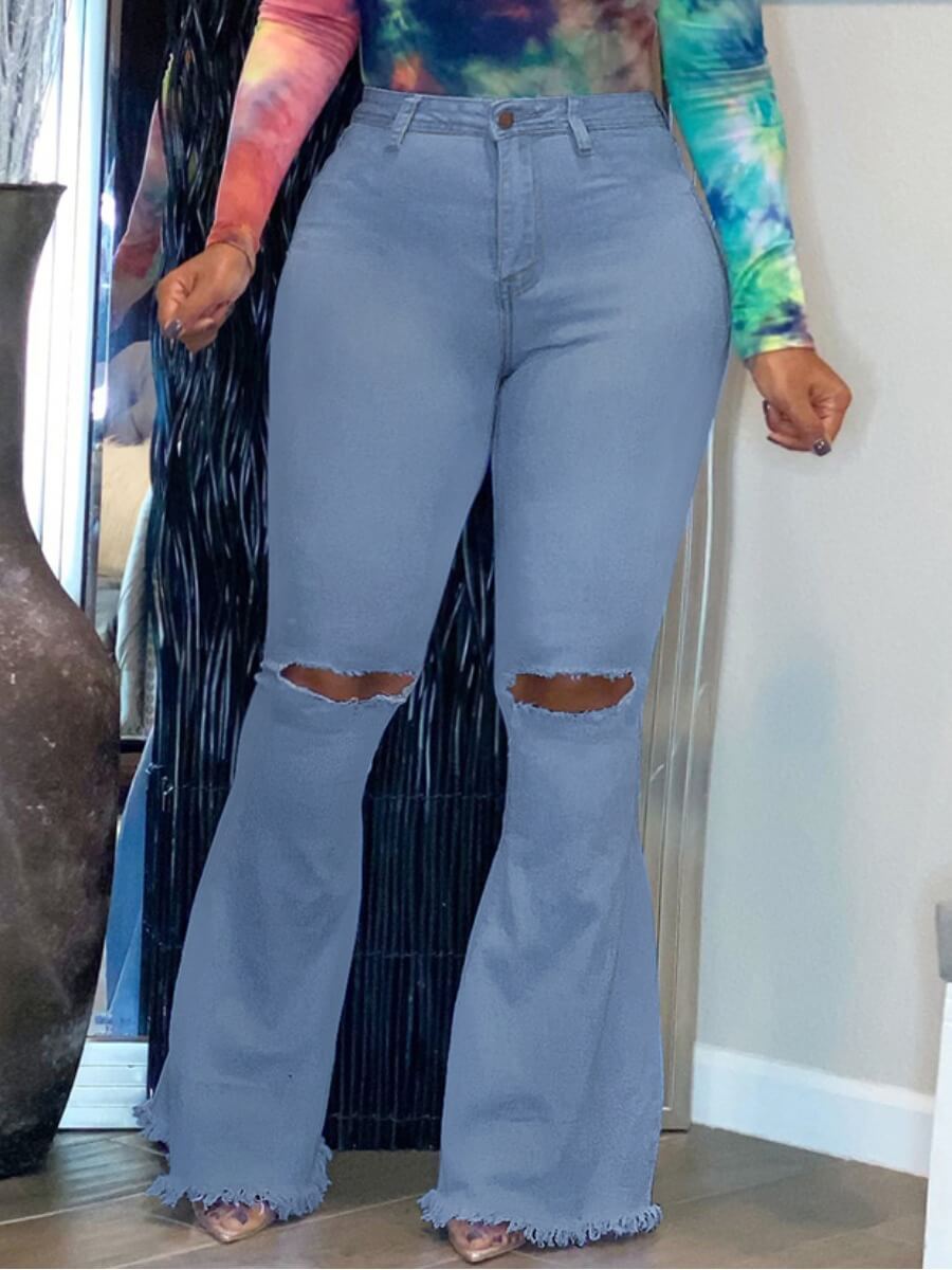 

Lovely Casual Ripped Raw Edge Blue Plus Size Jeans