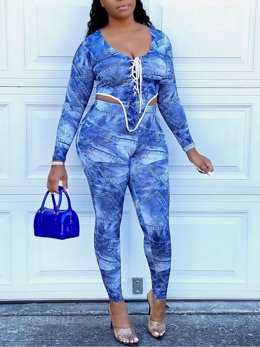 

Lovely Street Bandage Hollow-out Design Asymmetrical Blue Two Piece Pants Set