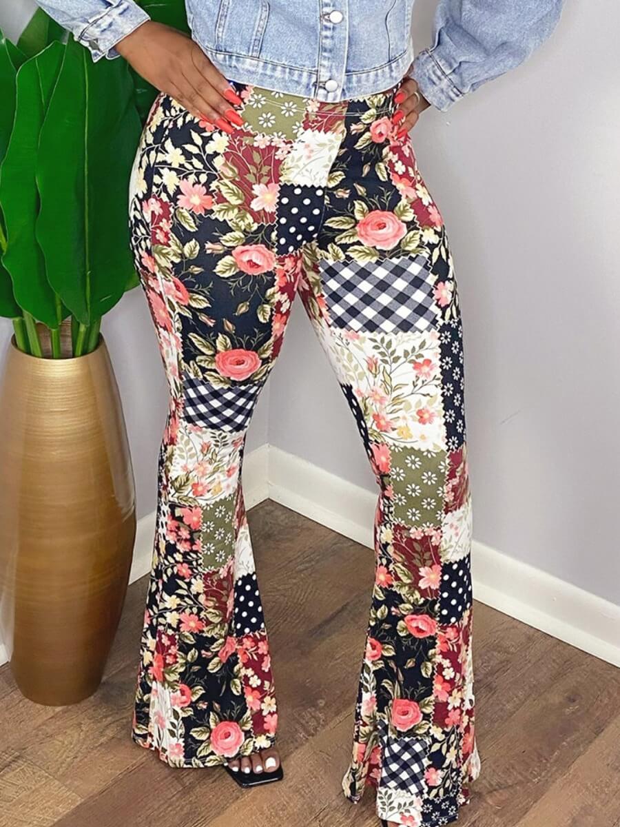 

LW Stylish Floral Print Patchwork Flared Dark Blue Pants
