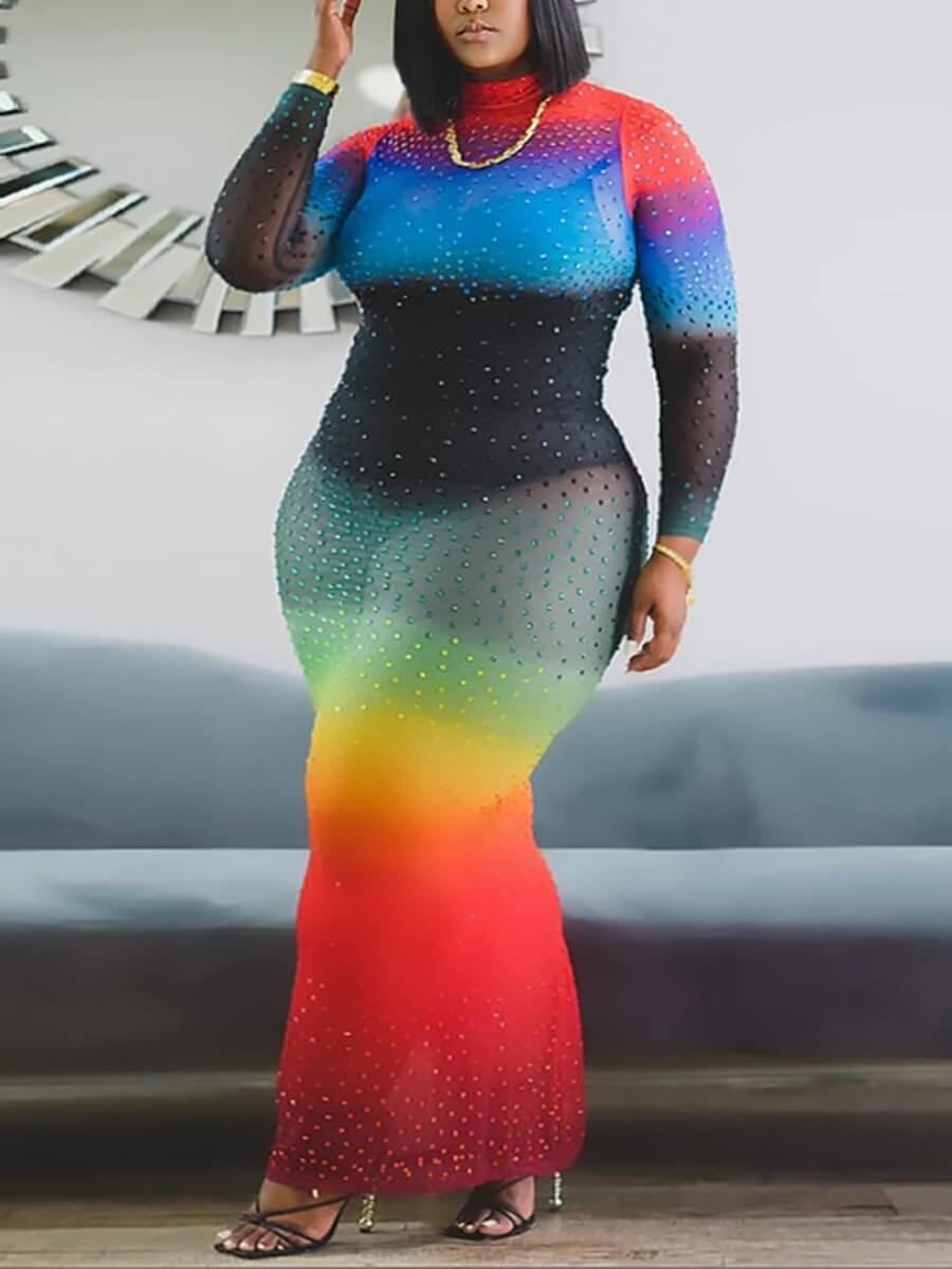 

Lovely Casual Turtleneck Gradient See-through Multicolor Plus Size Two-piece Skirt Set, Multi