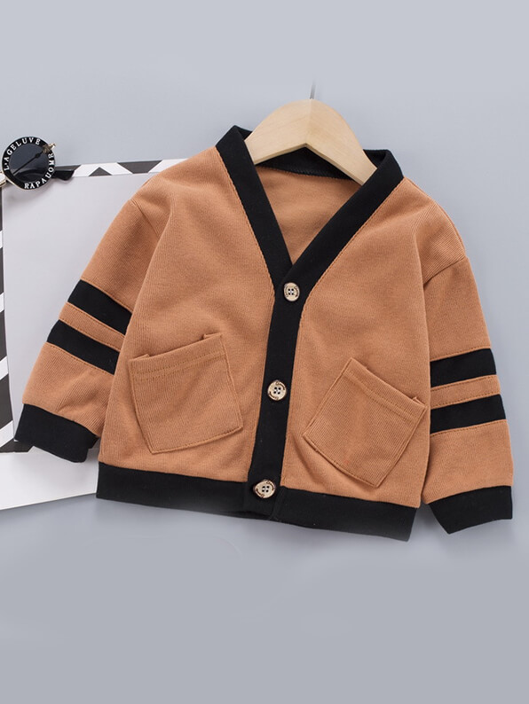 

Lovely Casual Striped Pocket Design Brown Boy Cardigan
