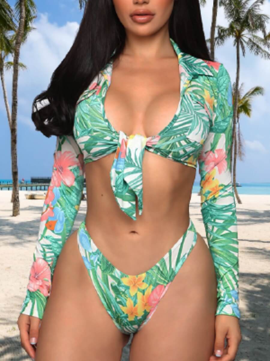 

Lovely Sexy Floral Print Patchwork Green Two-piece Swimsuit