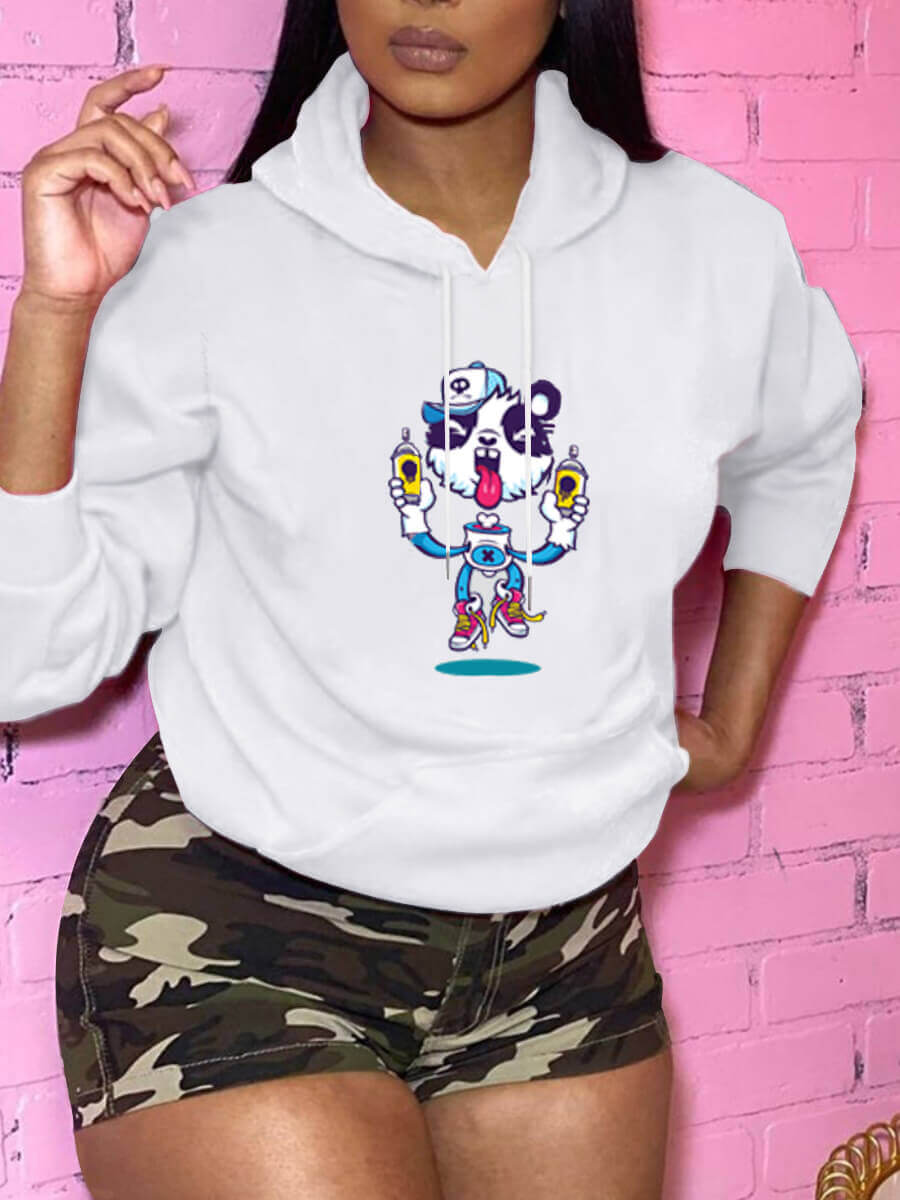 

Lovely Casual Cartoon Print Kangaroo Pocket White Plus Size Hoodie