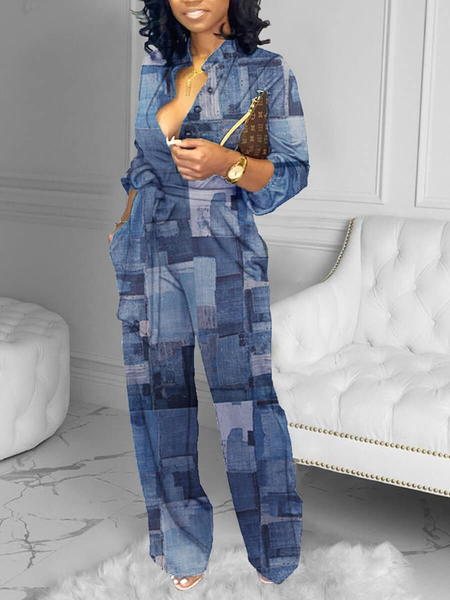 

Lovely Casual Mandarin Collar Print Patchwork Grey One-piece Jumpsuit, Blue