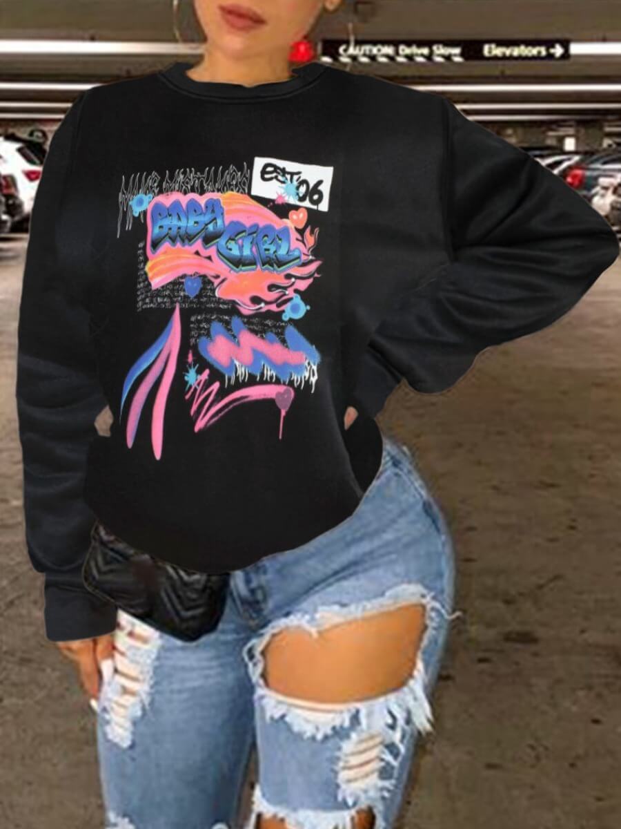 

Lovely Casual O Neck Print Black Hoodie