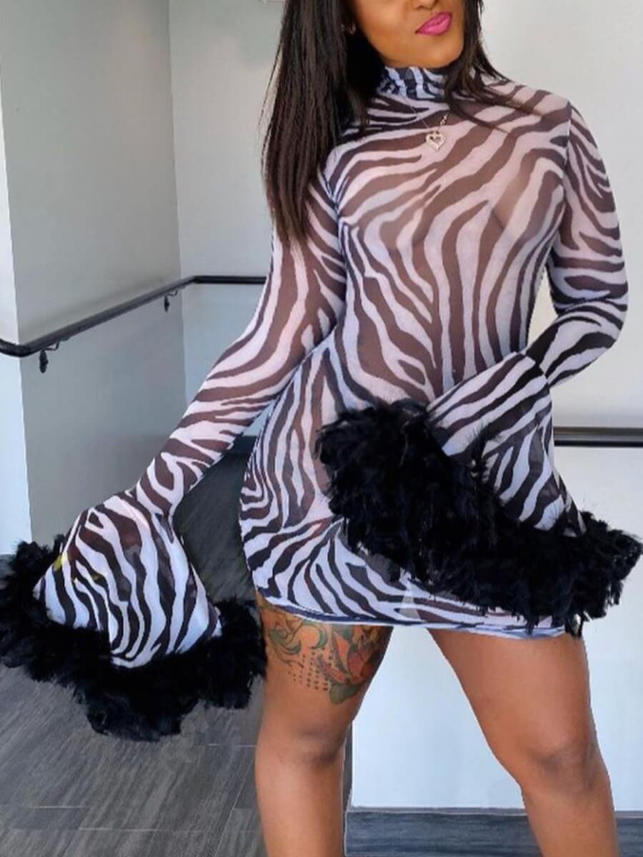 

Lovely Sexy Turtleneck Flare Sleeve Animal Print Black Mini Dress
