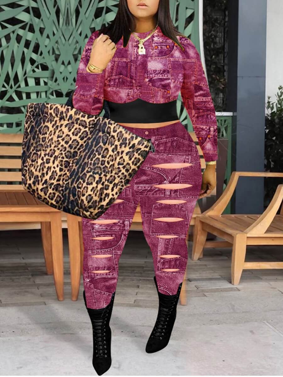 

Lovely Casual Patchwork Hollow-out Blue Plus Size Two-piece Pants Set, Purple
