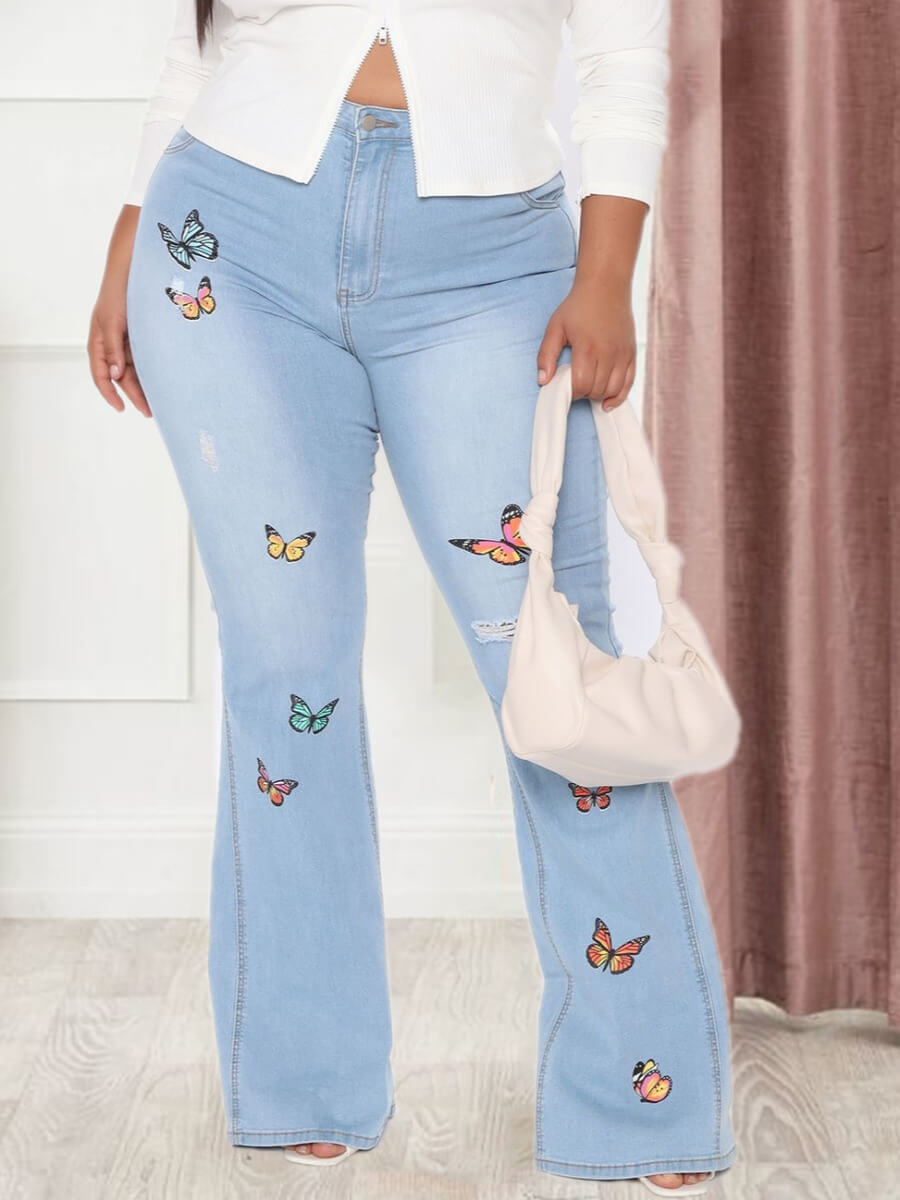 

Lovely Casual High-waisted Butterfly Print Baby Blue Jeans