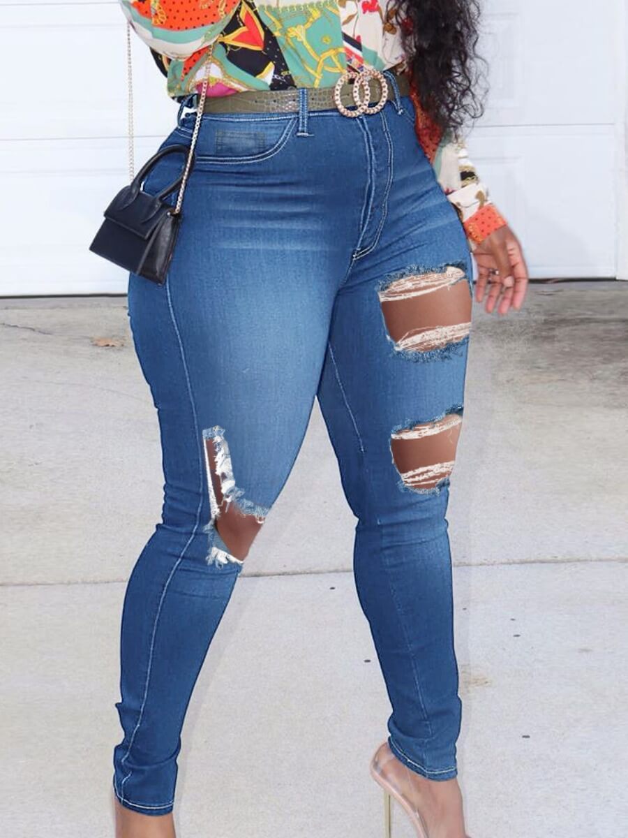 

Lovely Street High-waisted Broken Holes Blue Jeans