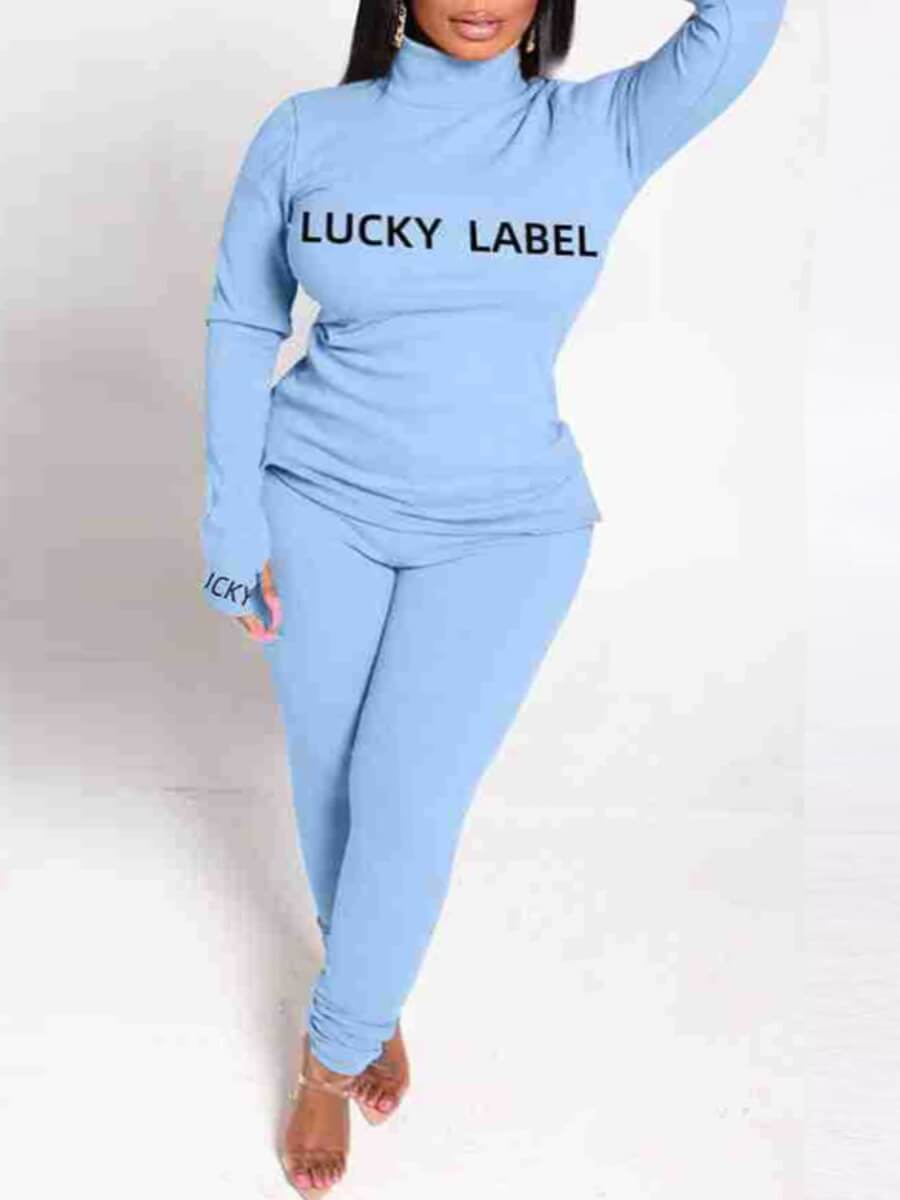 

Lovely Casual Turtleneck Letter Print Blue Two Piece Pants Set