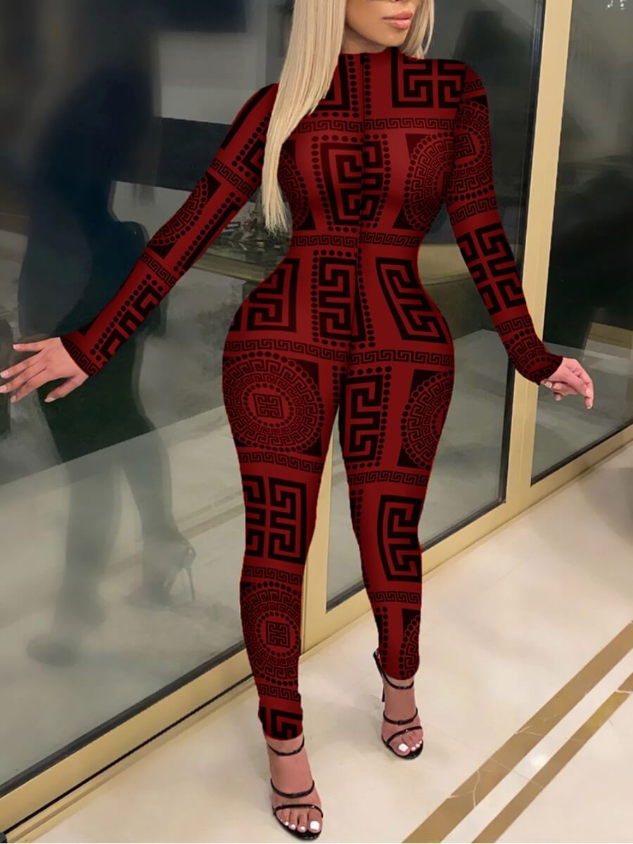 

Lovely Casual Half A Turtleneck Print Dull Red One-piece Jumpsuit