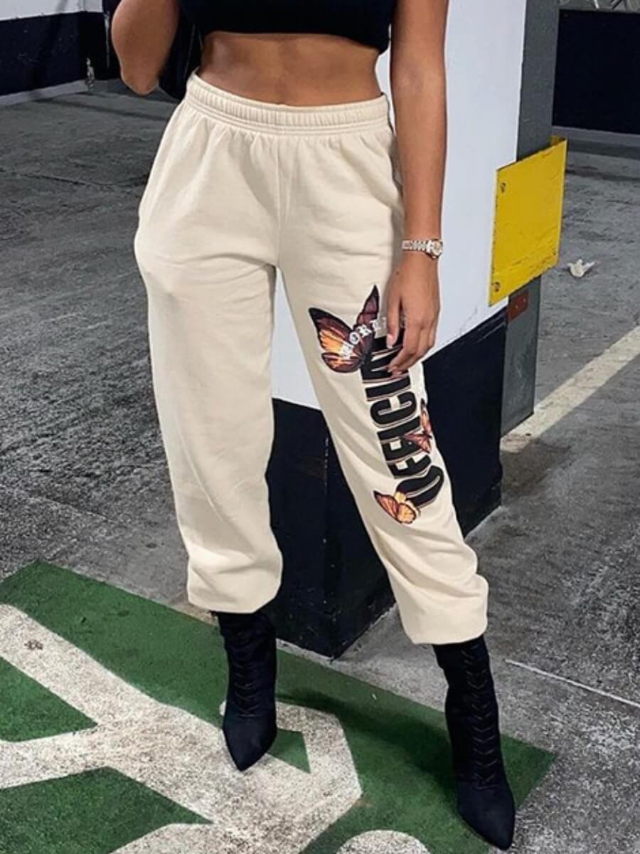 

Lovely Casual Elastic Waist Letter Print Beige Pants