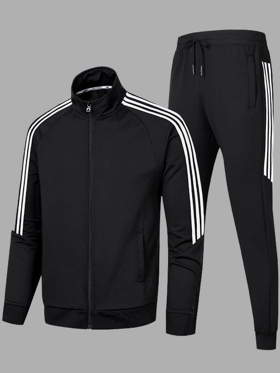 

Lovely Sportswear Mandarin Collar Striped Stitching Black Men Two Piece Pants Set