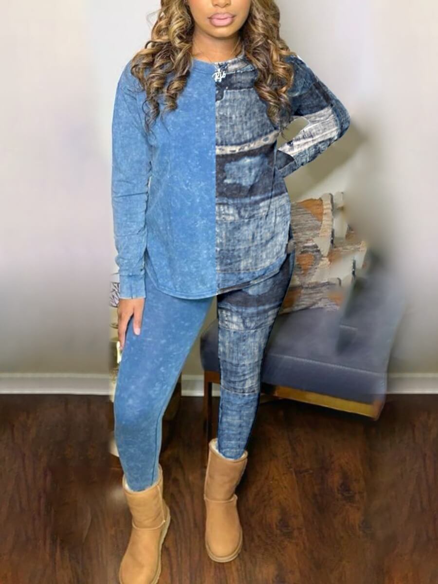 

Lovely Casual O Neck Print Patchwork Blue Two Piece Pants Set