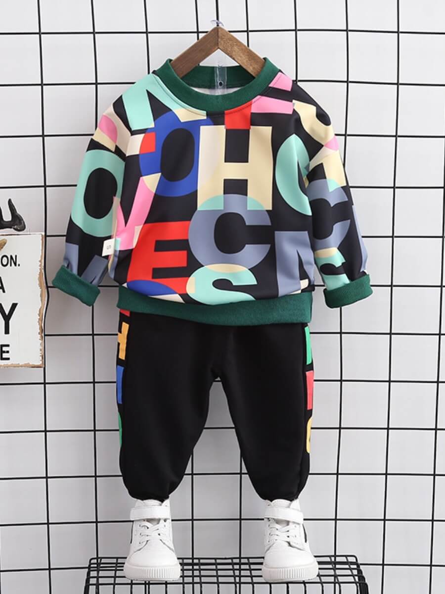 

Lovely Street Letter Print Patchwork Green Boy Two Piece Pants Set