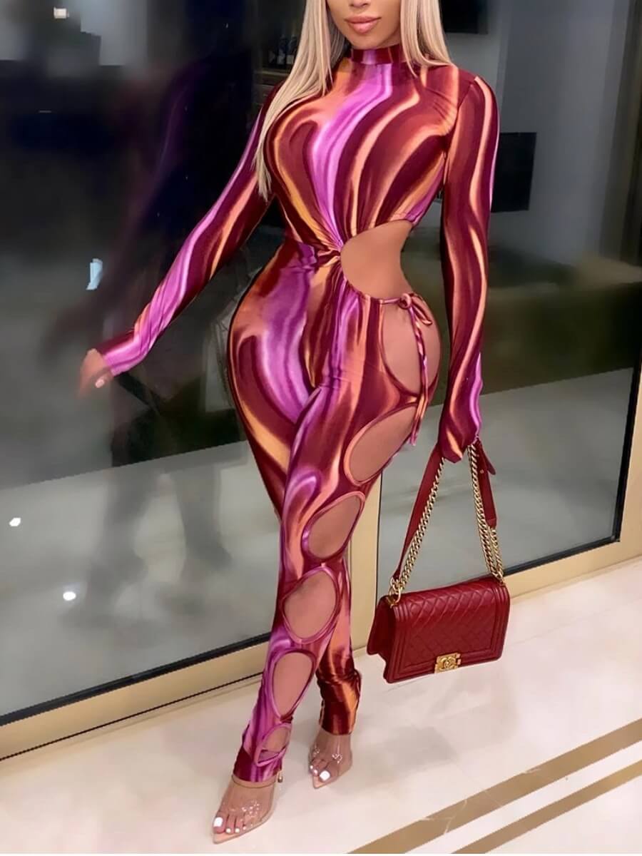 

Lovely Sexy Turtleneck Hollow-out Purple One-piece Jumpsuit