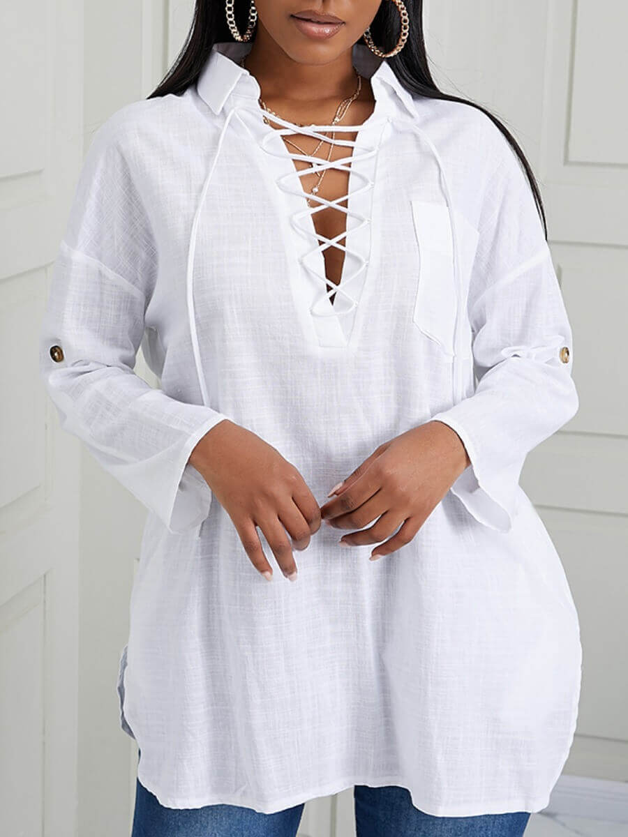 

Lovely Stylish Turndown Collar Lace-up Hollow-out White Blouse