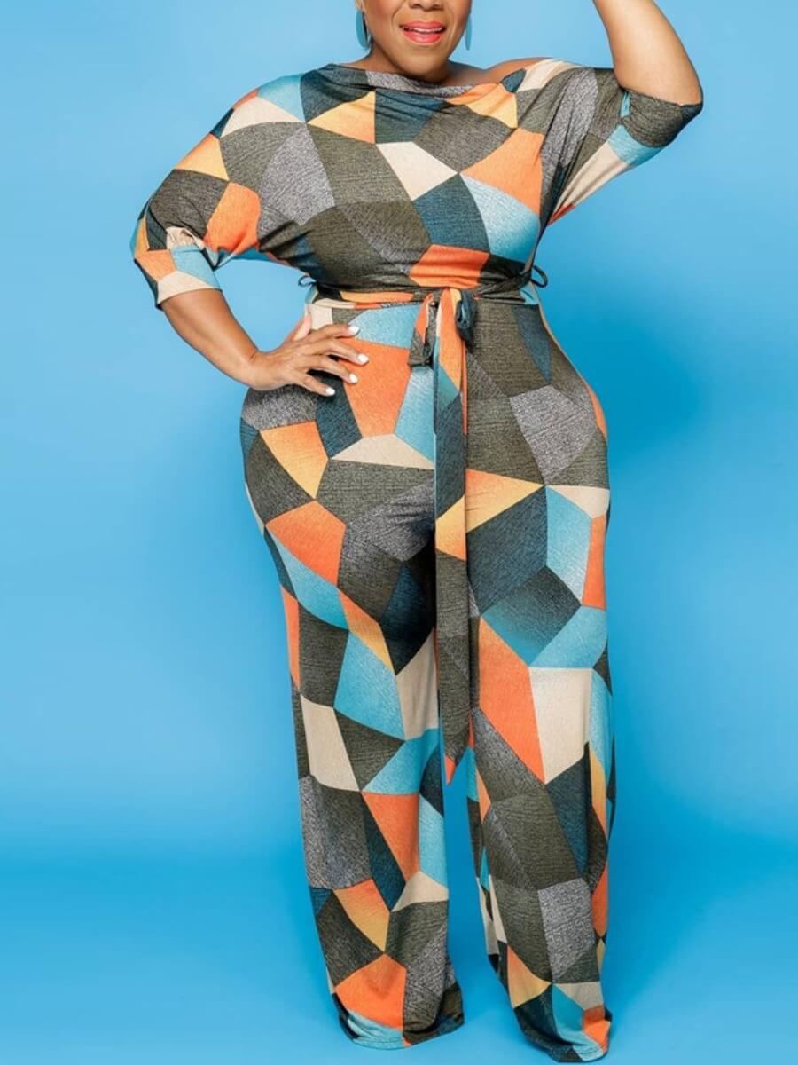 

Lovely Plus Size Casual Three Quarter Sleeve Print Orange One-piece Jumpsuit
