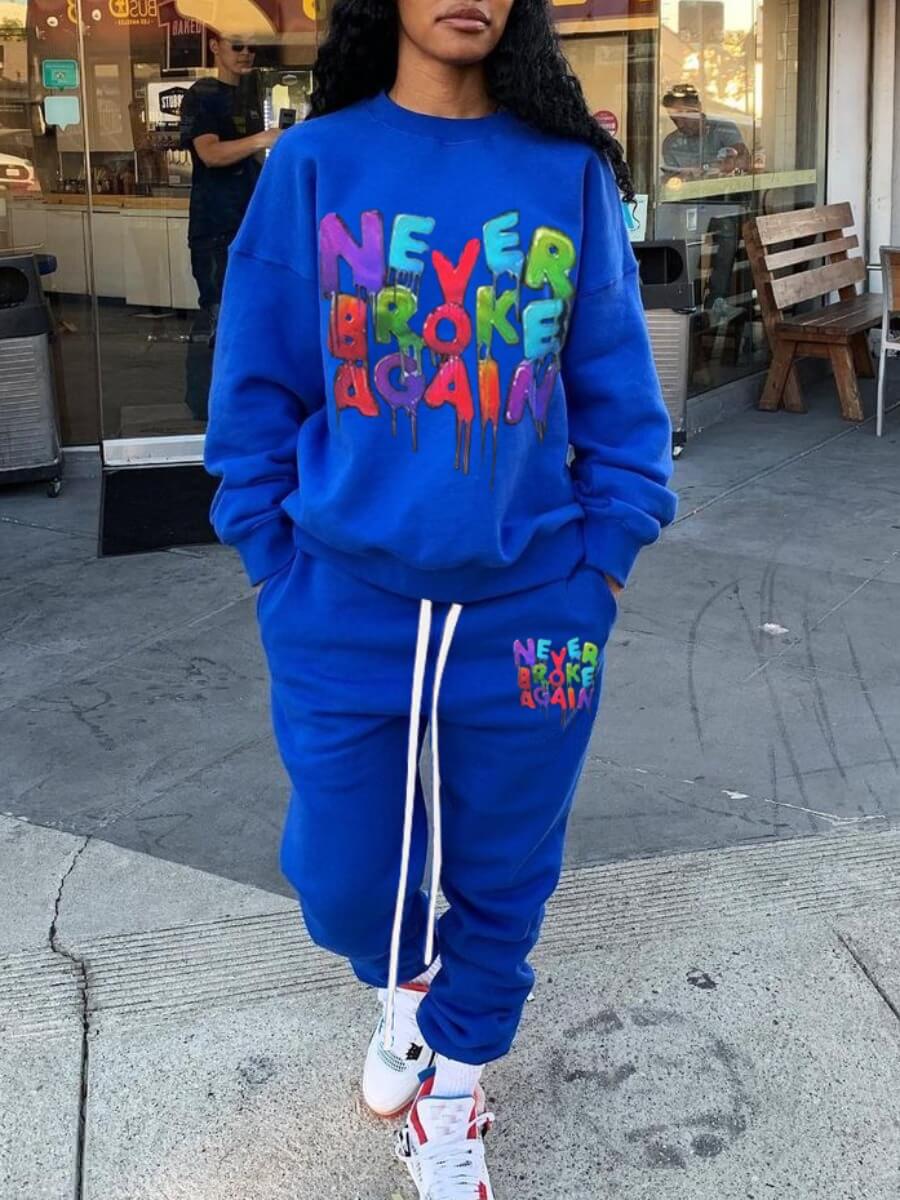 

Lovely Sportswear Drawstring Letter Print Patchwork Blue Two Piece Pants Set