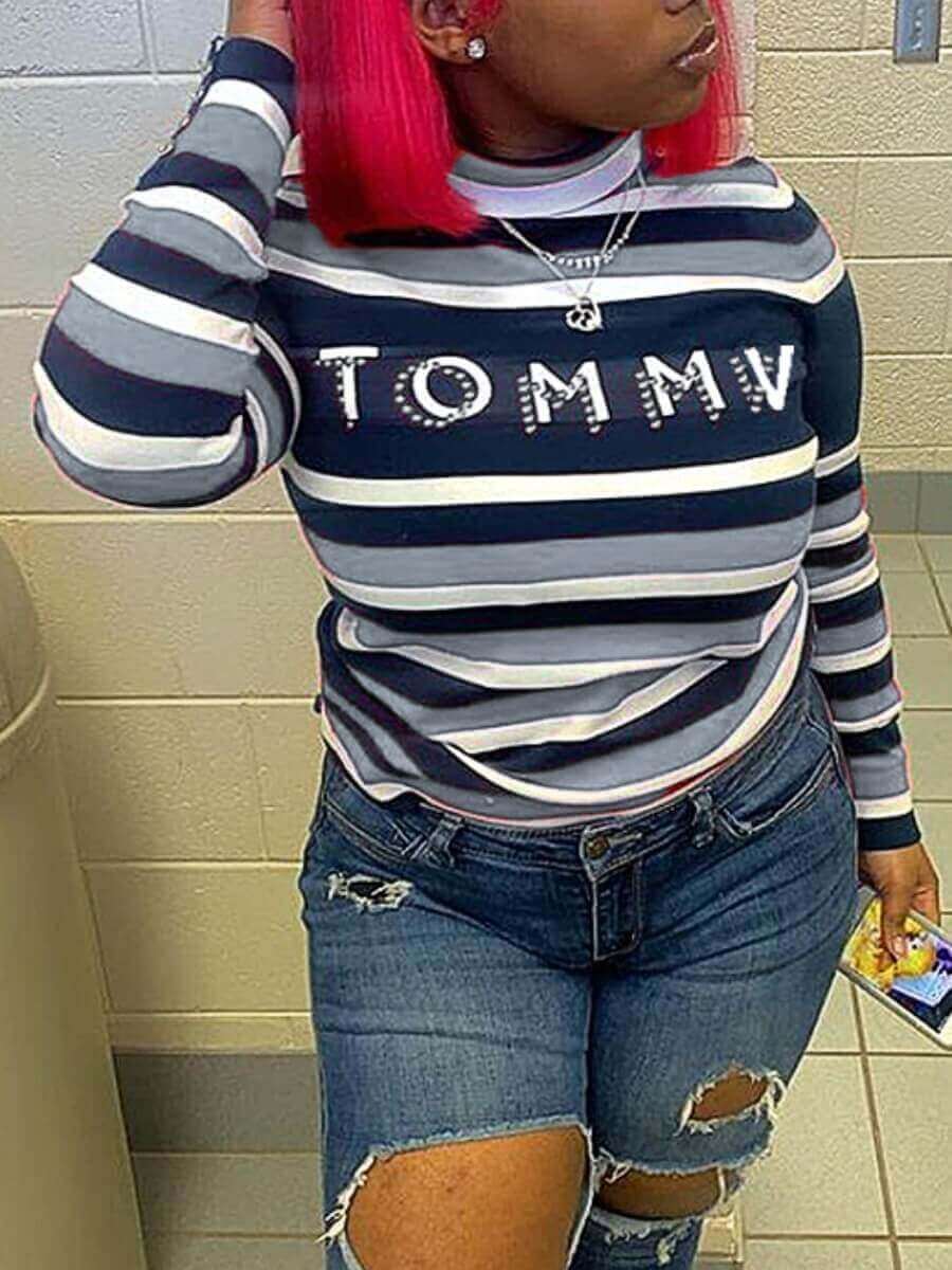 

Lovely Casual Letter Print Striped Patchwork Grey T-shirt