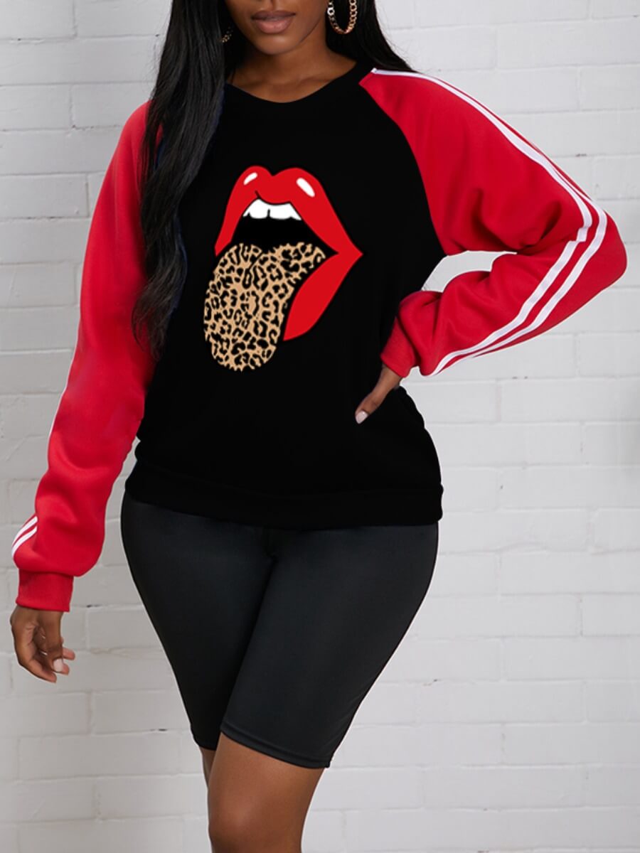 

Lovely Sweet Leopard Lip Print Striped Patchwork Black Hoodie