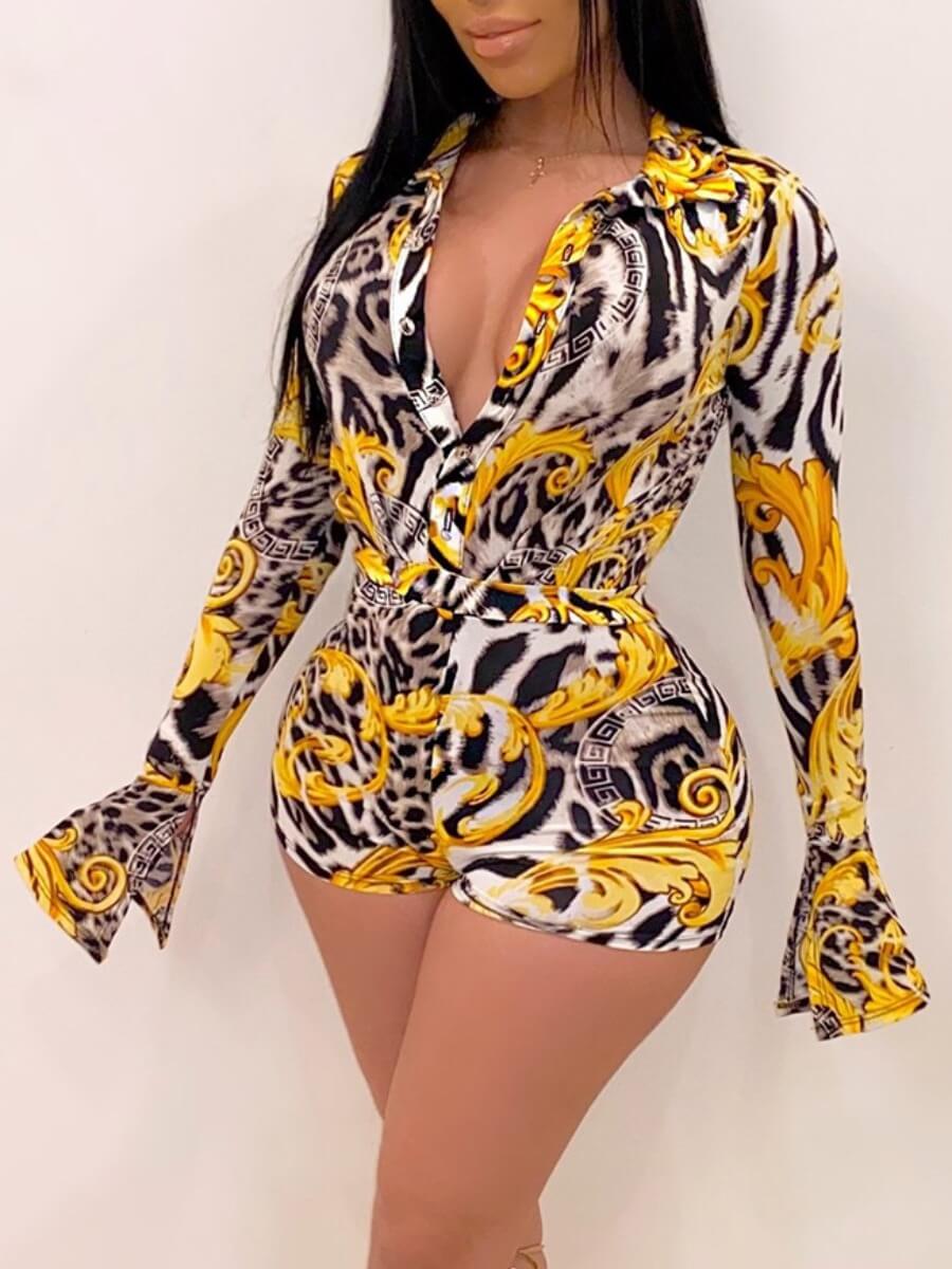 

Lovely Ethnic Turndown Collar Leopard Print Patchwork Yellow One-piece Romper