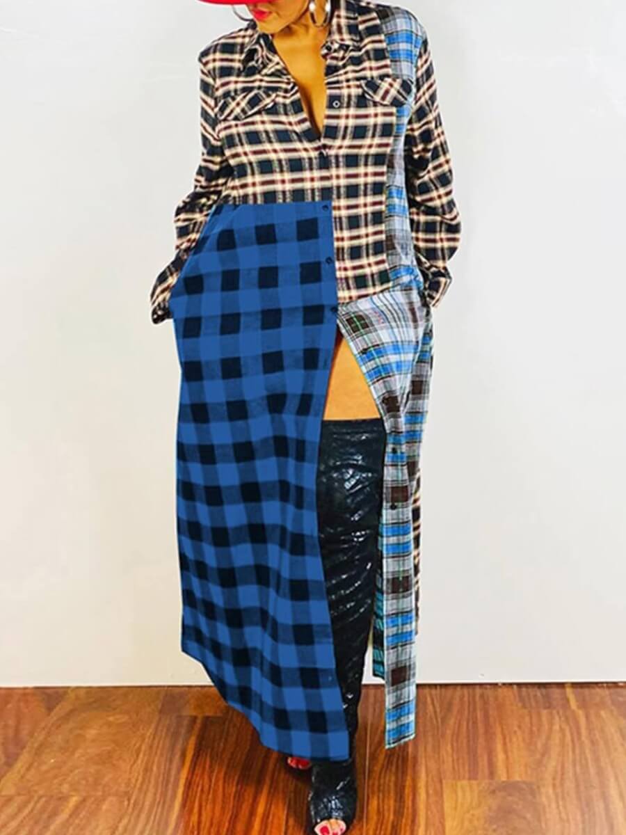 

Lovely Stylish Turndown Collar Plaid Print Patchwork Royalblue Trench Coat