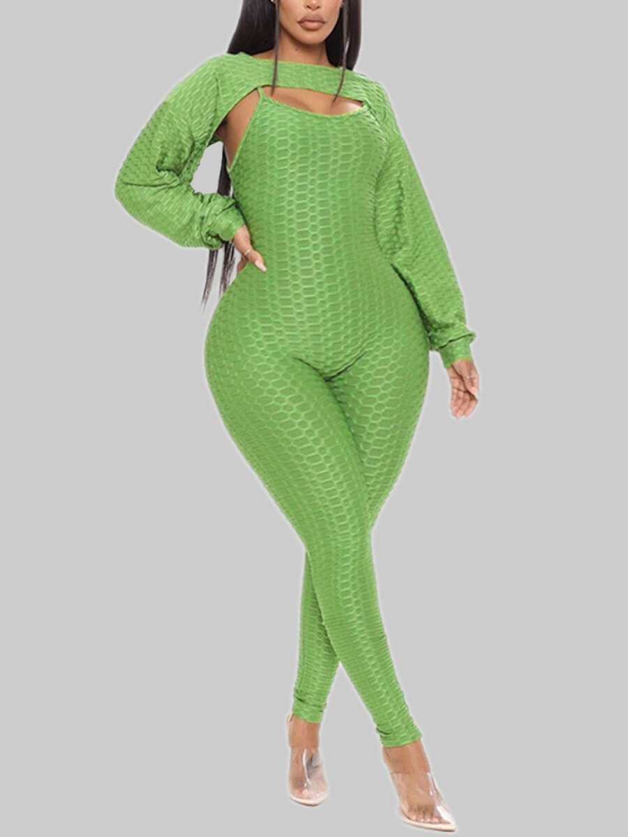 

Lovely Sportswear Dropped Shoulder Spaghetti Strap Green Plus Size Two-piece Pants Set