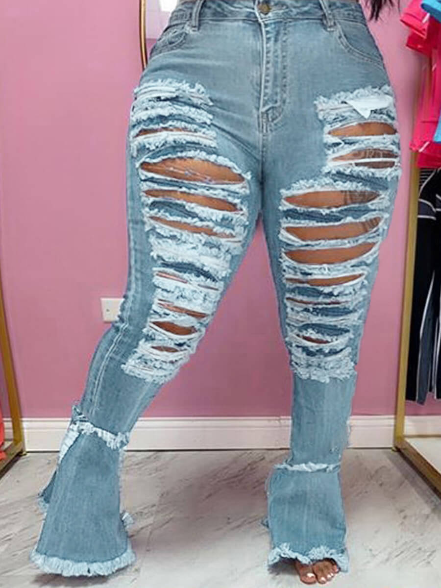 

Lovely Casual Flared Broken Holes Blue Plus Size Jeans