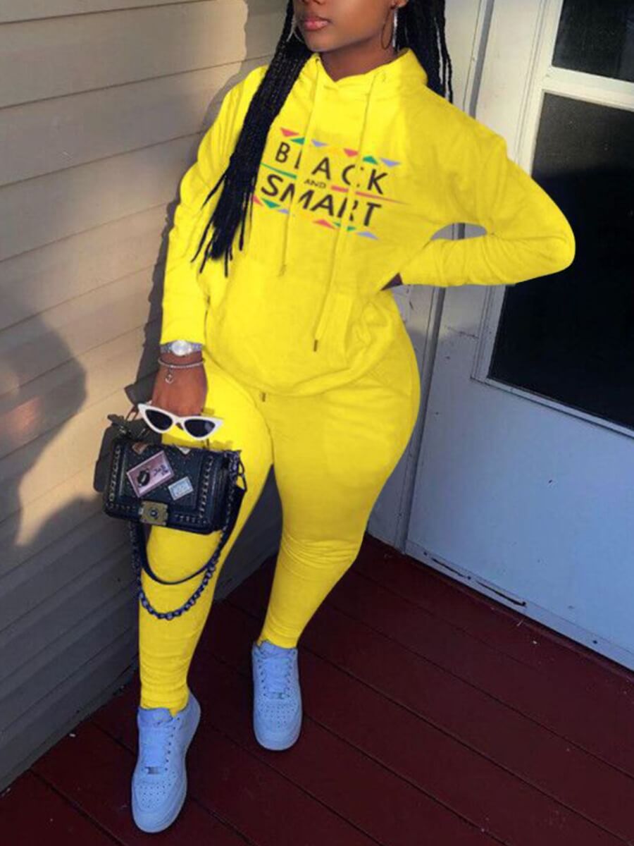 

Lovely Street Letter Print Patchwork Yellow Plus Size Two-piece Pants Set