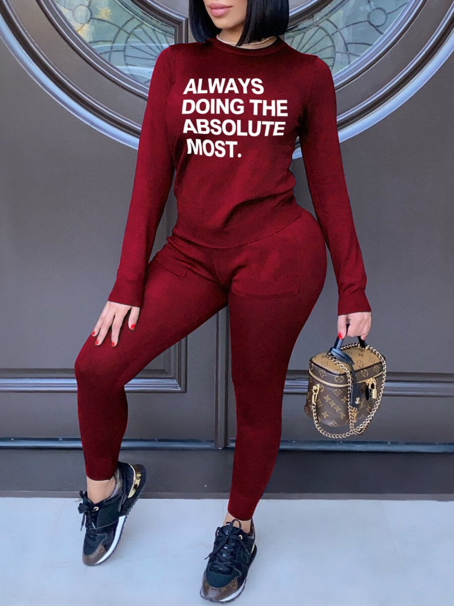 

Lovely Street O Neck Letter Print Red Two Piece Pants Set