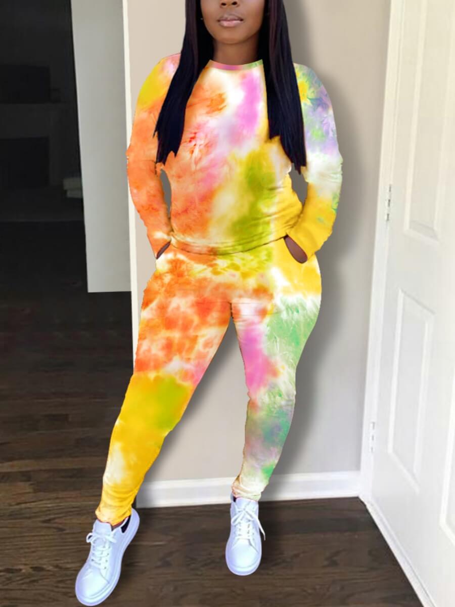

Lovely Casual Tie Dye Print Yellow Two Piece Pants Set