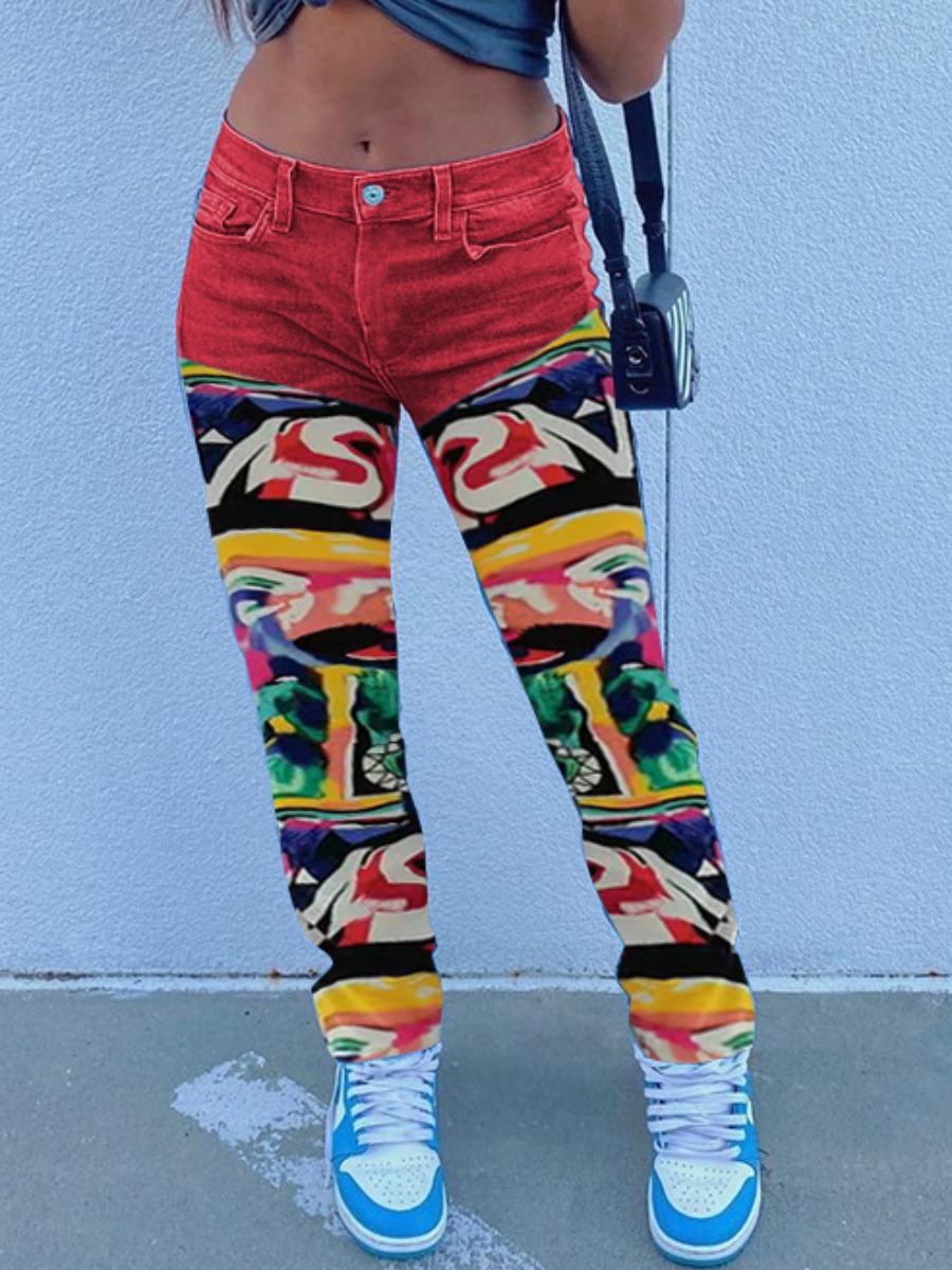 

Lovely Casual Mid Waist Print Patchwork Red Jeans