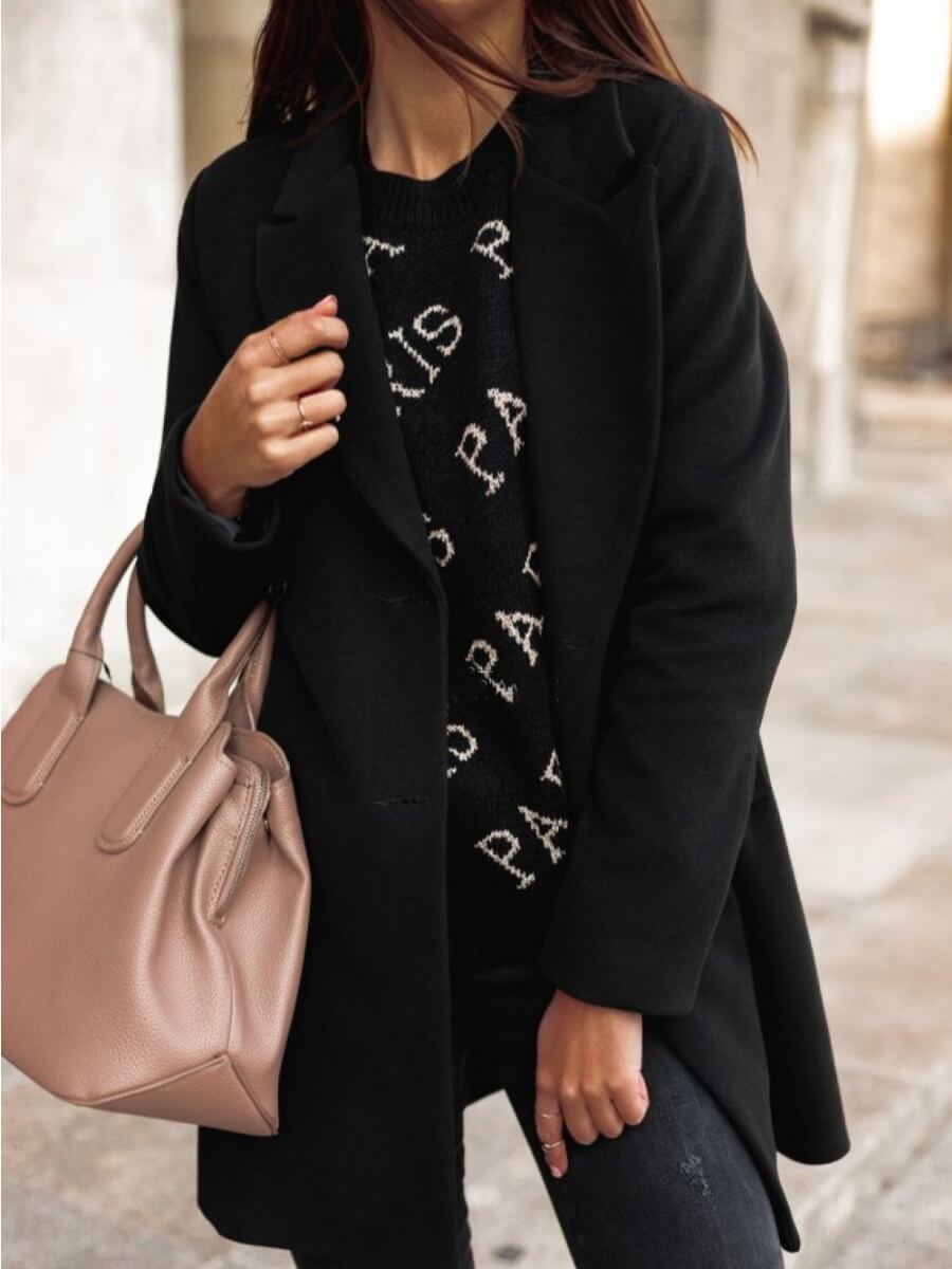 

Lovely Casual Turndown Collar Button Design Black Woolen Coat