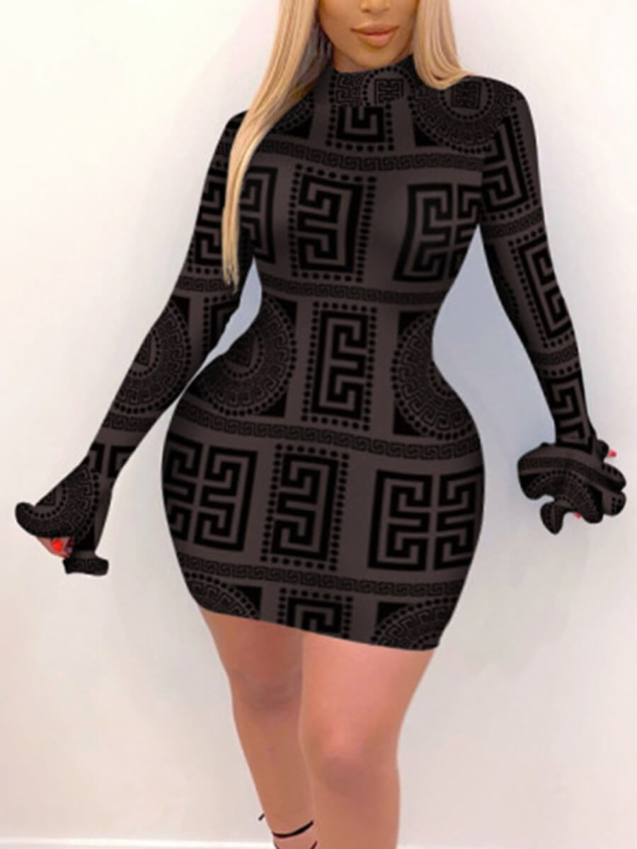 

Lovely Sexy Geometric Print Patchwork Backless Black Mini Plus Size Dress