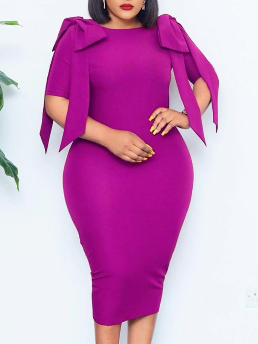 

Lovely Formal Bow-tie Decoration Skinny Purple Mid Calf Plus Size Dress
