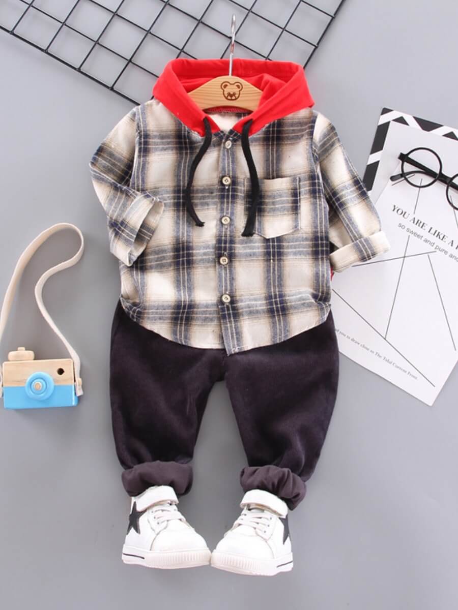 

Lovely Street Hooded Collar Plaid Print Beige Boy Two Piece Pants Set