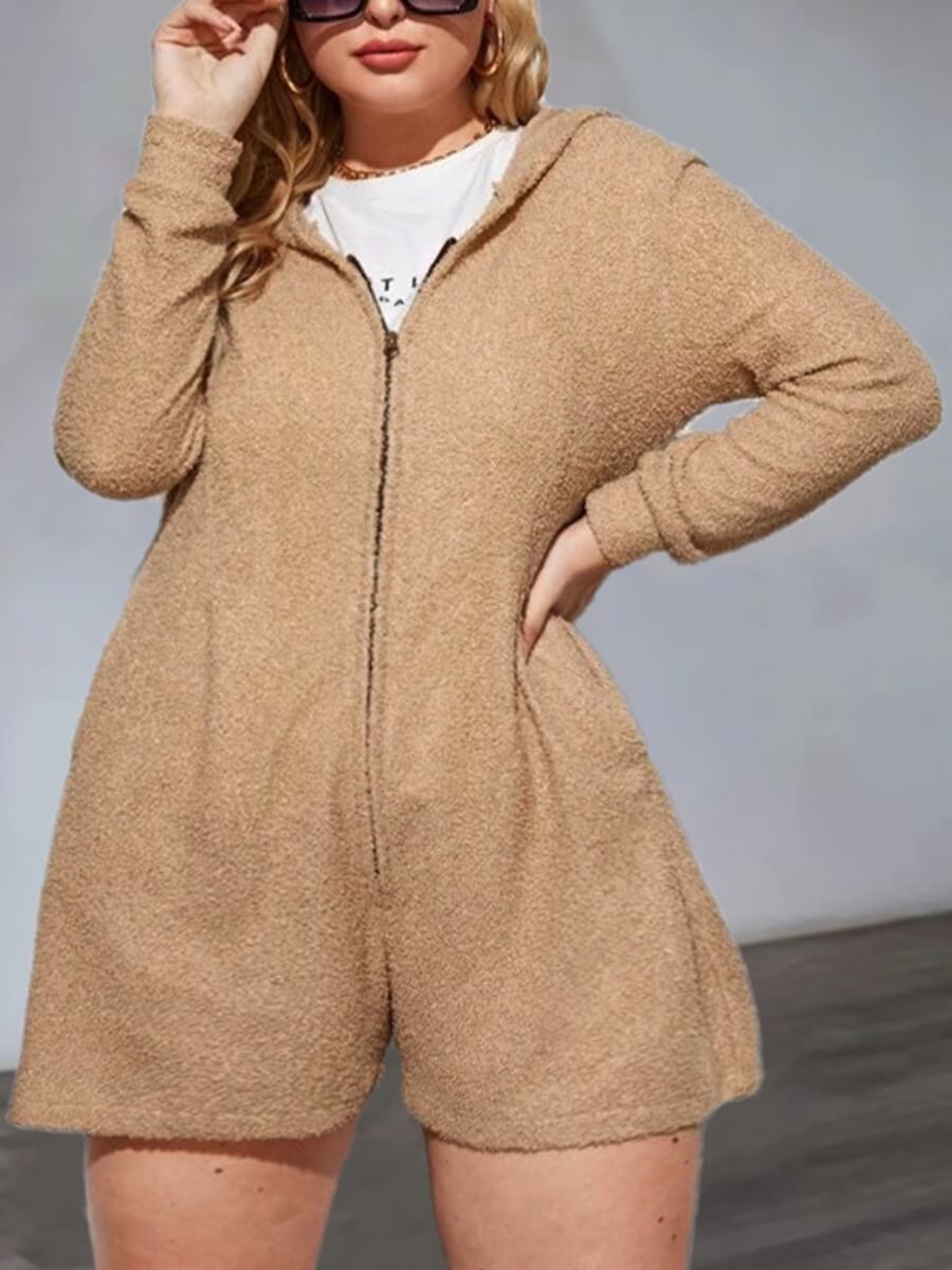 

Lovely Casual Hooded Collar Zipper Design Khaki One-piece Plus Size Romper